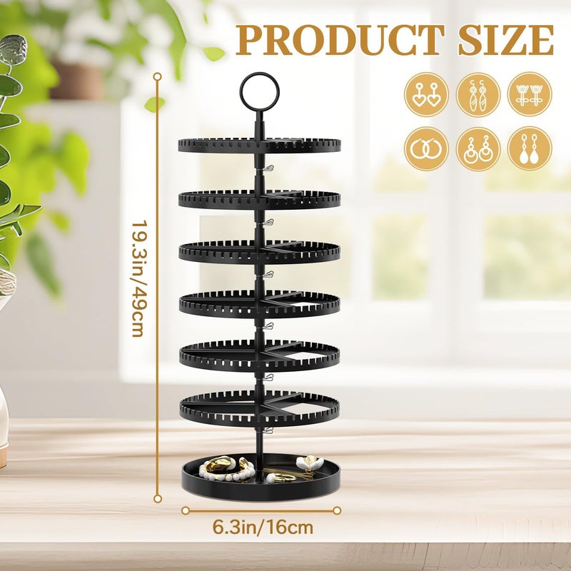 MODOWEY 6 Tier Rotating Earring Holder Organizer Display Tree with Metal Tray, Adjustable Plastic Stand with 342 Slots for Stud Hoop Hanger, Large Capacity Storage Rack for Women Space Saving, Black - Image 3